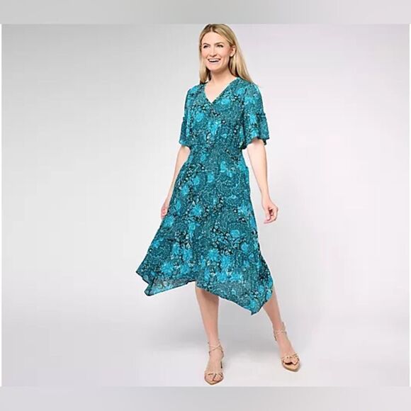 Isaac Mizrahi Chiffon Midi-Dress, Teal & Dark Green, Size Large - Picture 1 of 12